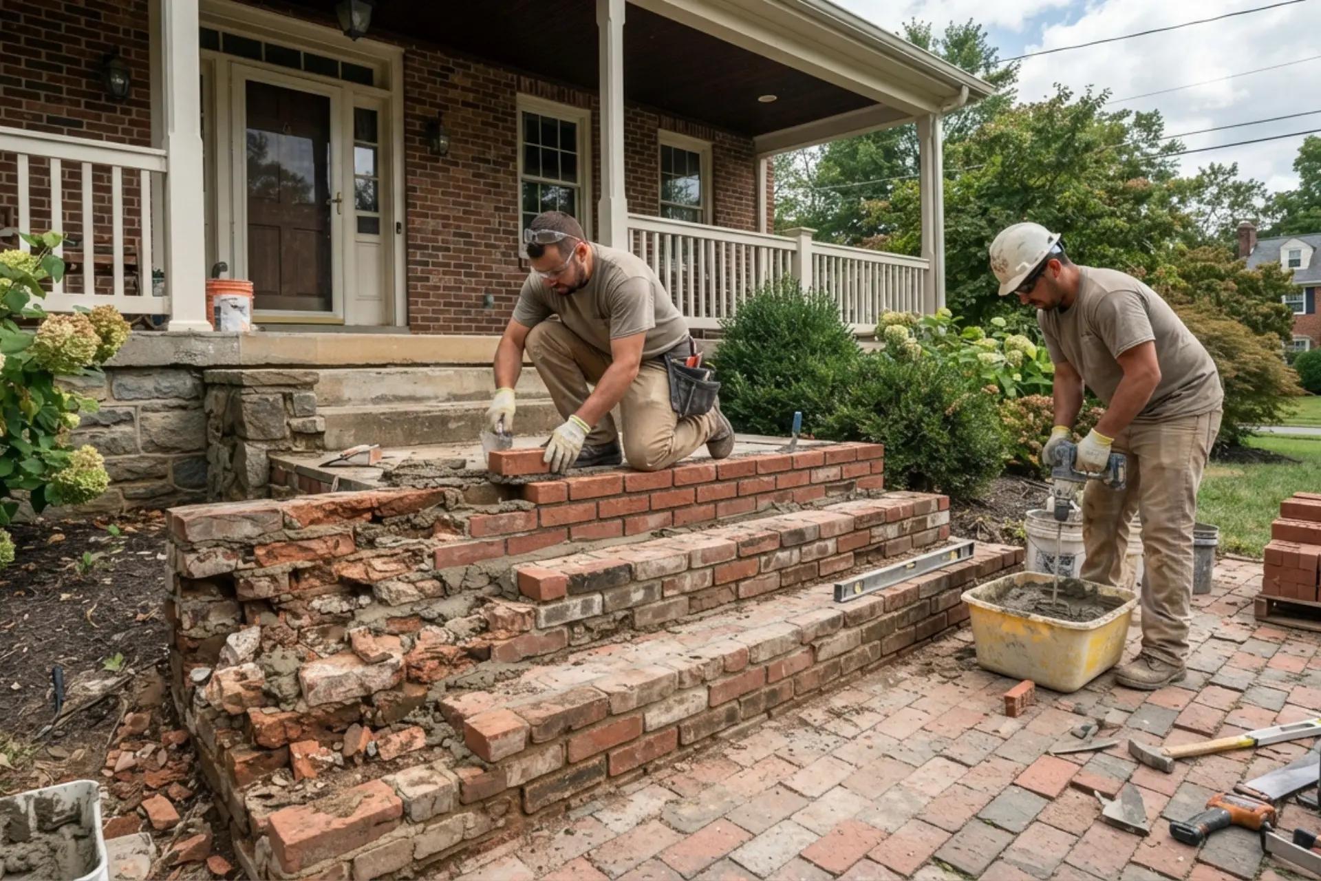 Damaged brick front steps and stoop needing masonry repair in Pennsylvania