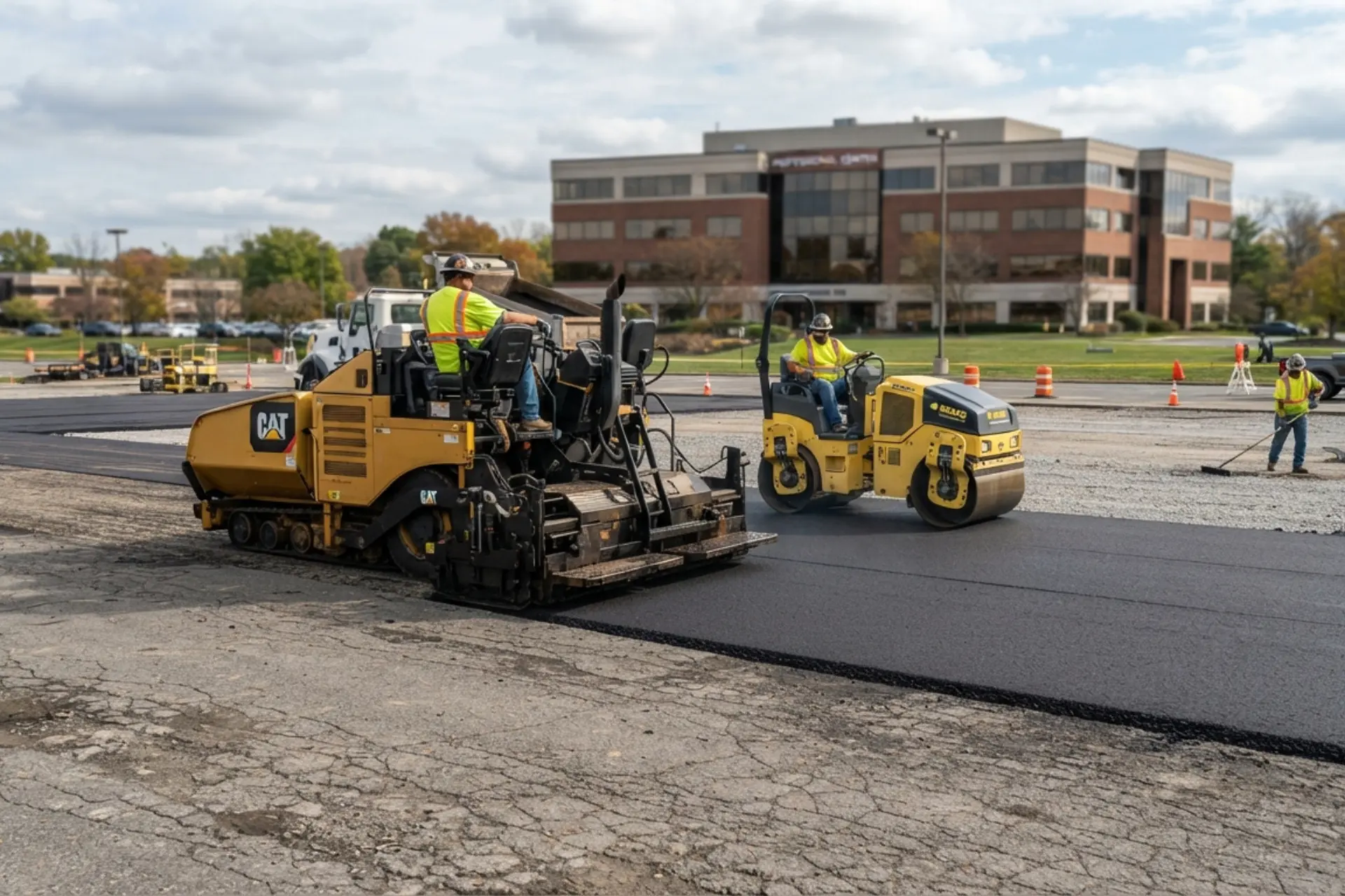 Commercial asphalt parking lot with worn pavement and repaired areas in Pennsylvania