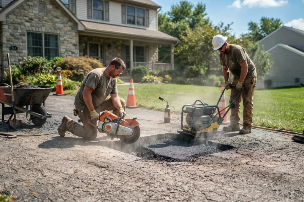 Pothole damage in a residential asphalt driveway in Pennsylvania
