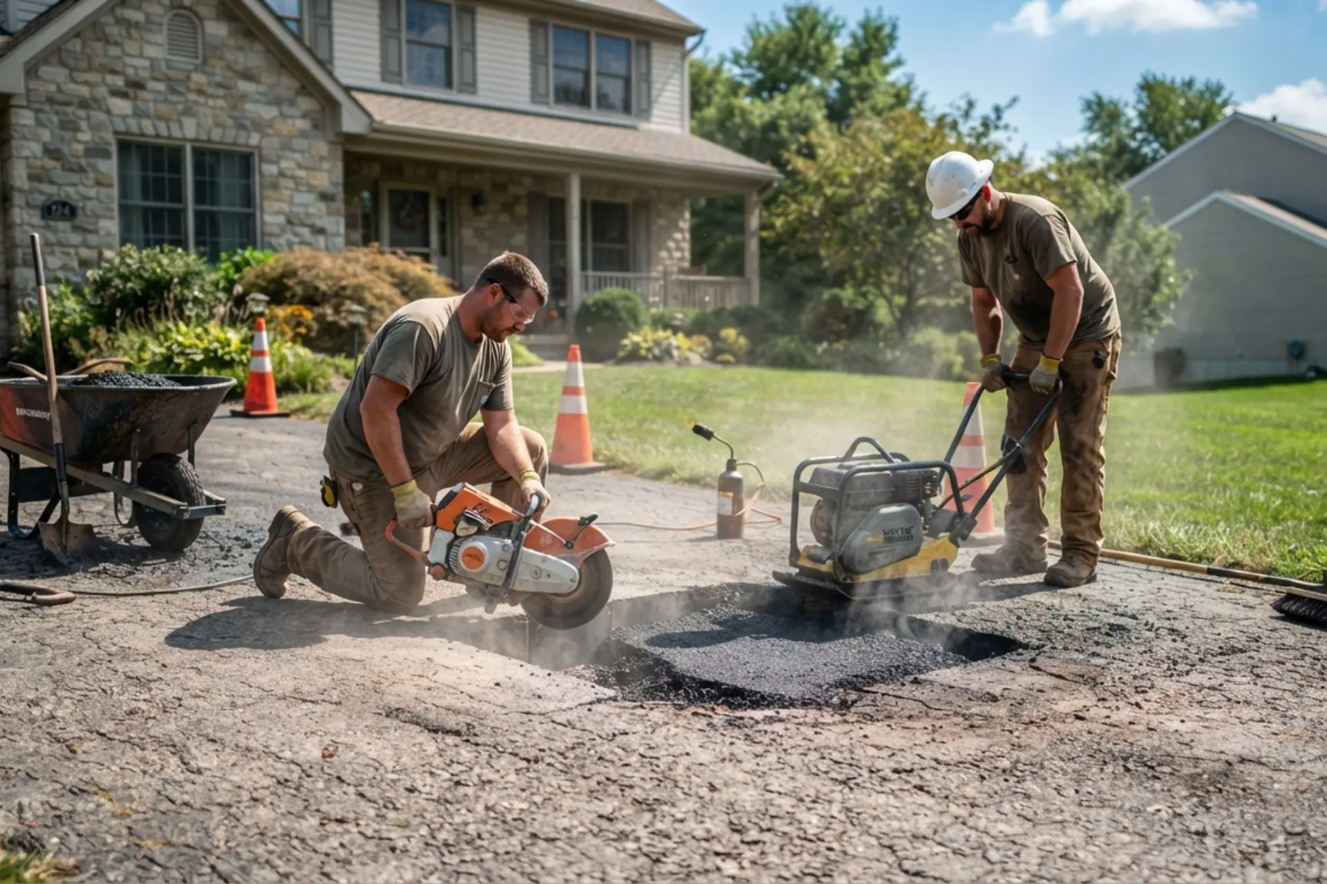 Pothole damage in a residential asphalt driveway in Pennsylvania