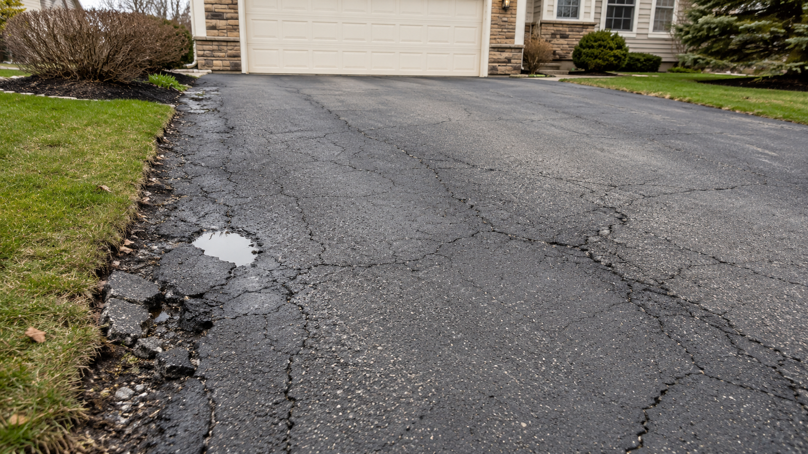 Cracked asphalt driveway showing common pavement deterioration in Pennsylvania